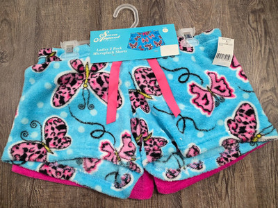 Seven Apparel NWT Micro-Plush Pink Blue Butterfly Shorts Large Set of 2