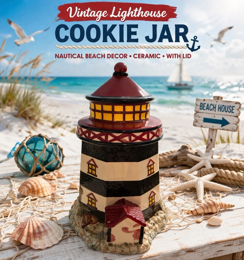 Ceramic Lighthouse Cookie Jar Nautical Striped Beach Decor with Lid