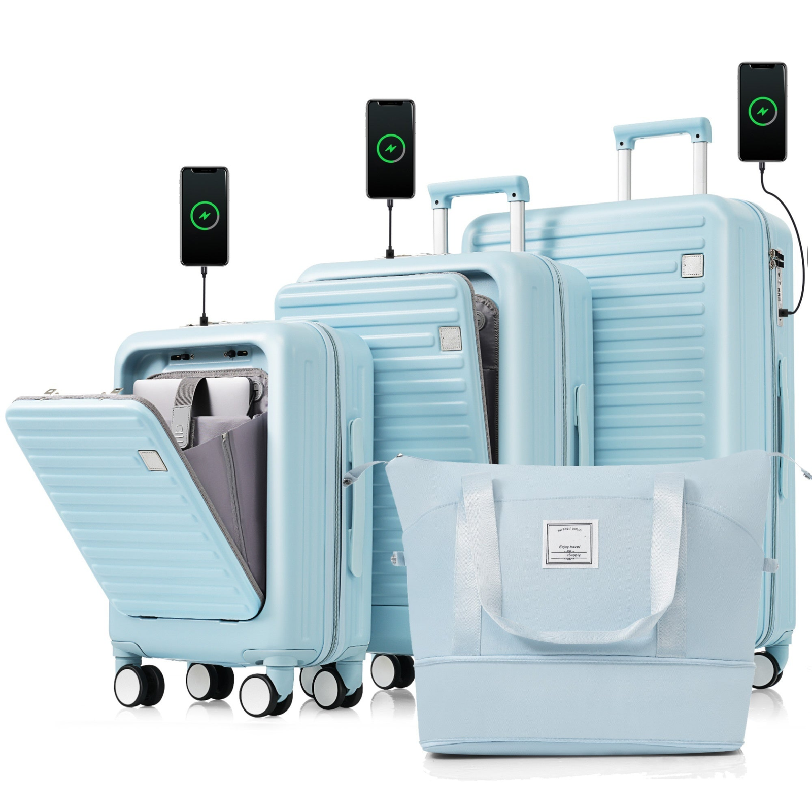 Luggage Set of 4, 20, 24, 28inch with USB Port, 20, light blue