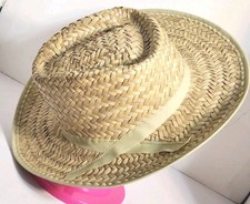 VTG Straw Fedora Cowboy Hat Ribbon Accent UNBRANDED Unisex Sz XL 24"Head Circum.