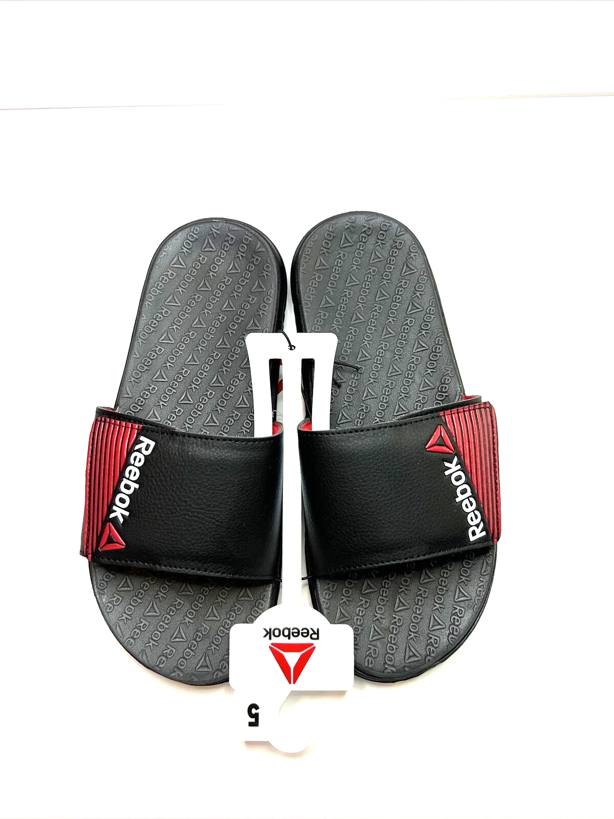 NUOVI sandali Reebok neri grigi e rossi diapositive bambini taglia 5 giovani spedizione rapida