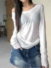 Women's Sheer Slim Fit Long Sleeve Mesh Top | Off Shoulder See-Through Tee Y2K