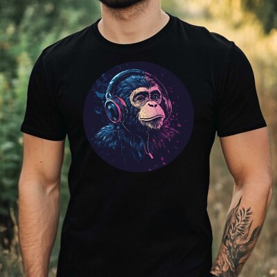 Men's Monkey with Headphone Print Cotton T-Shirt Size XS to 5XL