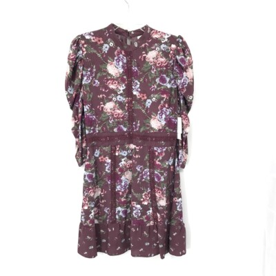 Coco & Jaimeson Womens Floral Puff Sleeve Dress Purple Multicolor Lace Detail M