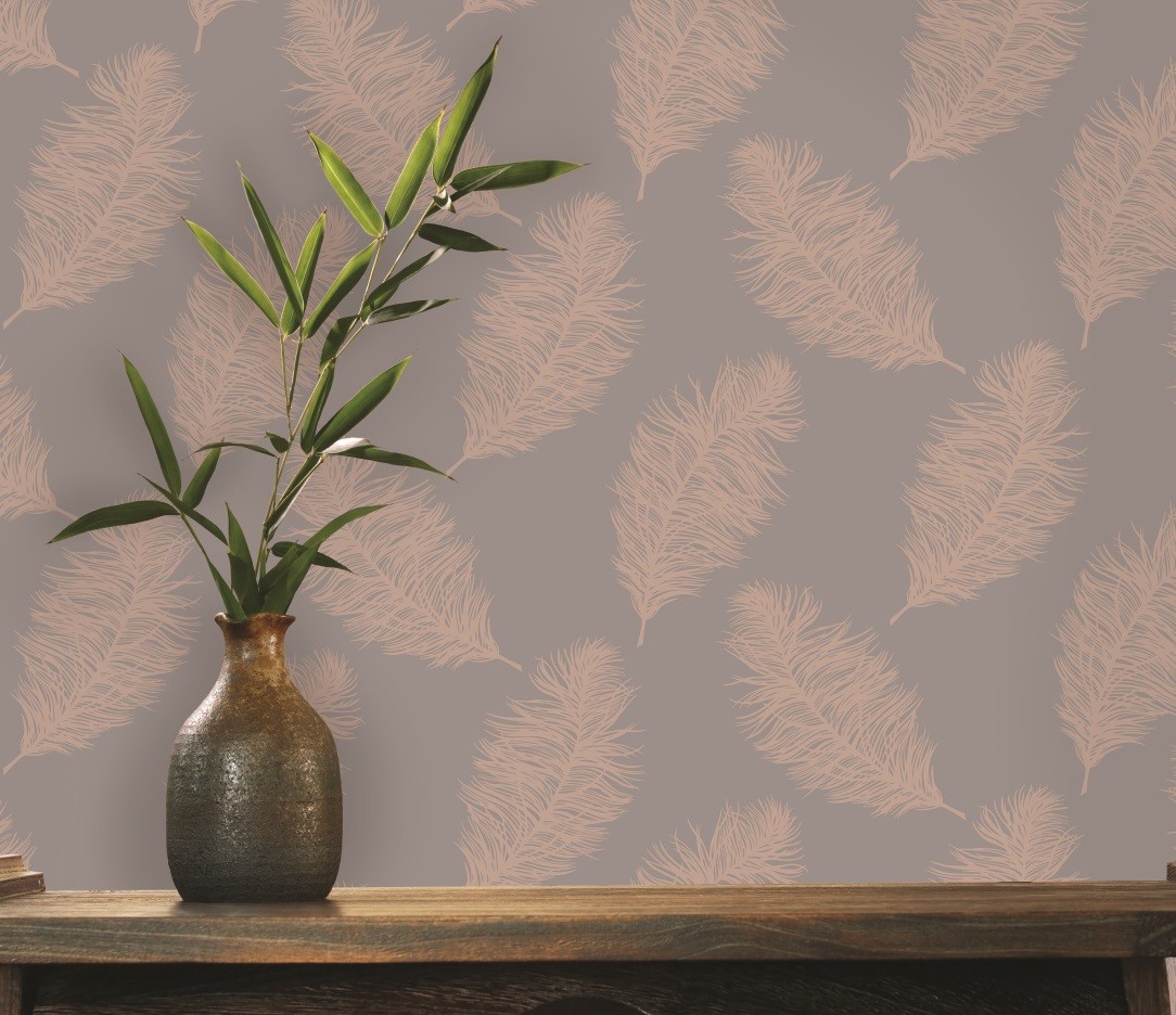 Holden DecorFawning Feather Shimmer Metallic Wallpaper Grey Rose Gold
