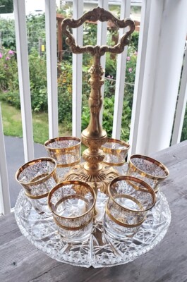 Rare Pasabahce Baroque Goldtone and Crystal Stand with Turkish Gilt Tea Glasses