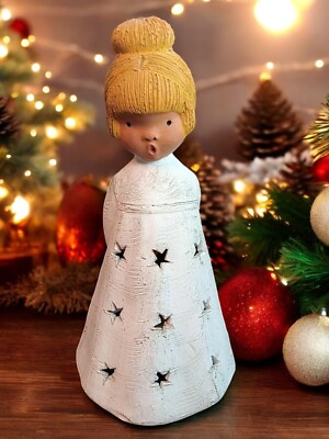 Jullar Terracotta Large Angel Votive Candle Holder, Blond Bun, White Dress READ