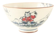 Mino ware Japanese Ceramics Rice Bowl Big Wave & Mt. Fuji w/ Cat Surfing