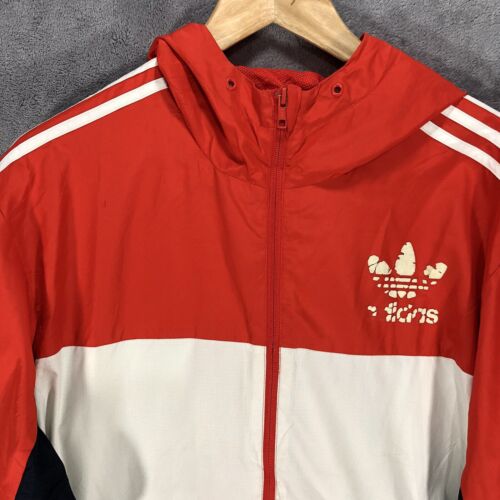Adidas Mens Windbreaker M Red White Blue Logo Full Zip Trefoil Hooded CLFN* - Picture 2 of 11