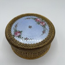Beautiful Antique Guilloche Blue Floral Brass Vanity Powder/Trinket Box