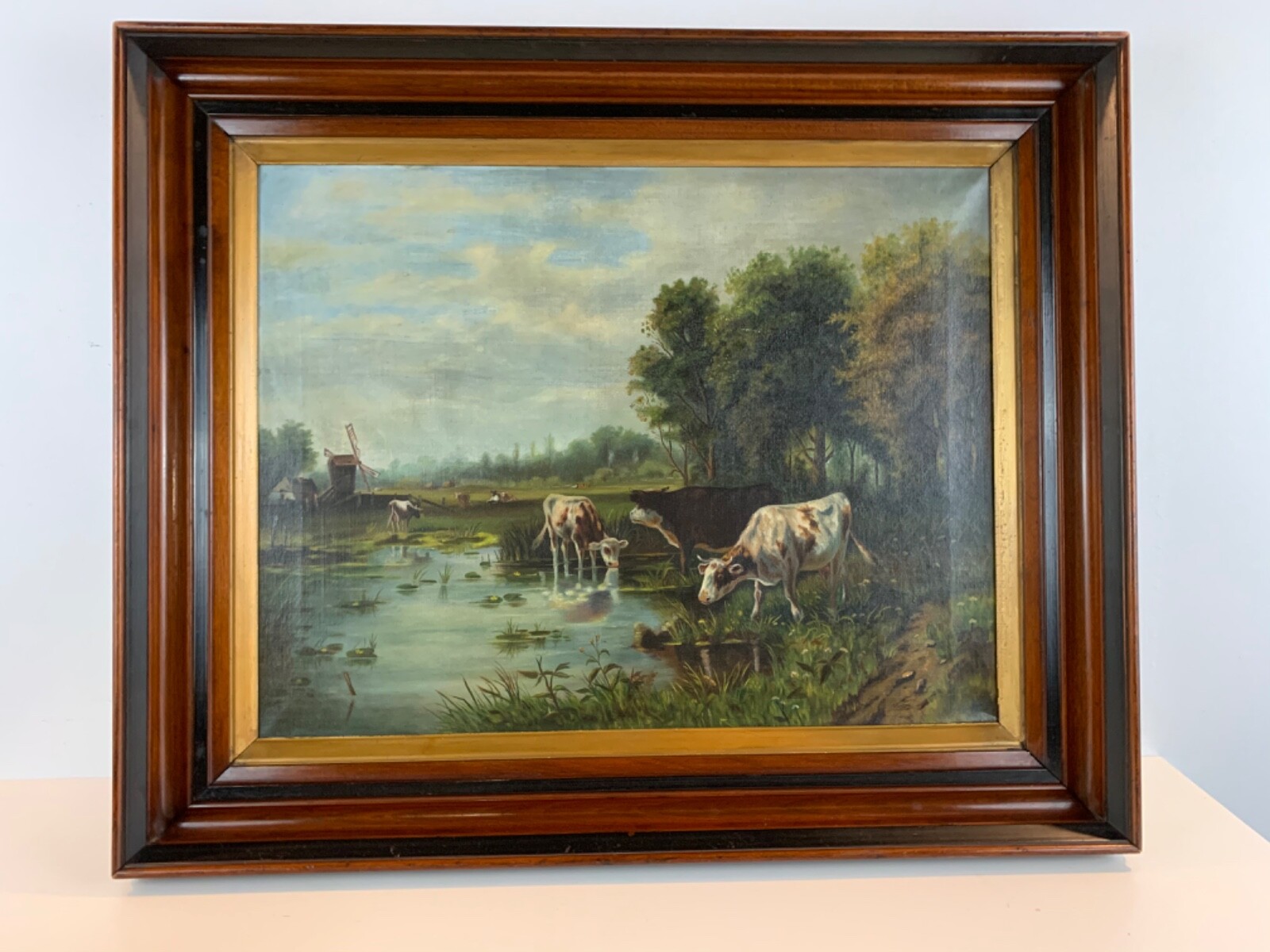 Ant 19th Century Oil Painting of Cows on Canvas with Victorian Deep Well Frame