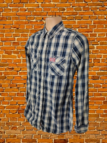 CAMICIA TRUCKER UOMO SUPERDRY UK MEDIUM M BLU CHECK CASUAL ARROTOLATA MANICA LUNGA SLIM - Foto 5 di 7
