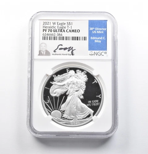 PF70 UCAM 2021-W American Silver Eagle Heraldic Eagle T-1 Signed Moy NGC *4737