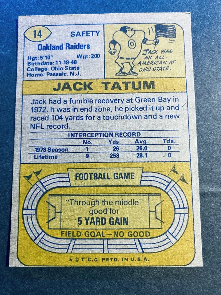 1974 Topps Football Jack Tatum Oakland Raiders Card #14 Hall of Famer - Image 2 of 3