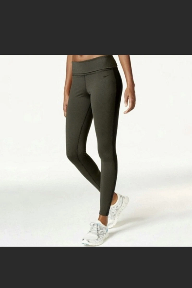 NIKE Olive Green Legend 2.0 Striped Fold Over High Waist Leggings Size Small