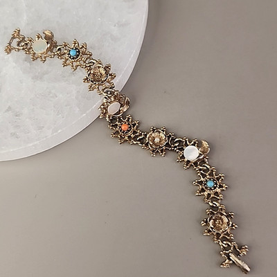 Vintage Flower Chain Bracelet Burst Textured 12mm MOP Bead Gold Tone 6.5''