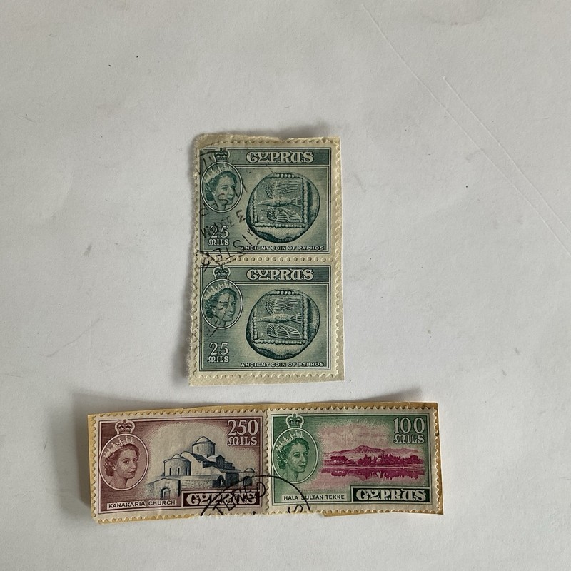 Lot~4 Cyprus stamps~1955~#180~250m~Kanakaria Church+#174~25m~coin of Paphos pair