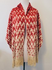 Vintage GUATEMALAN IKAT Hand Loomed Cotton Rebozo SHAWL Scarf Wrap RED  Ivory