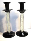 Pair 80s Murano Glass Candlesticks Italian Handblown Black w White Helix 10"