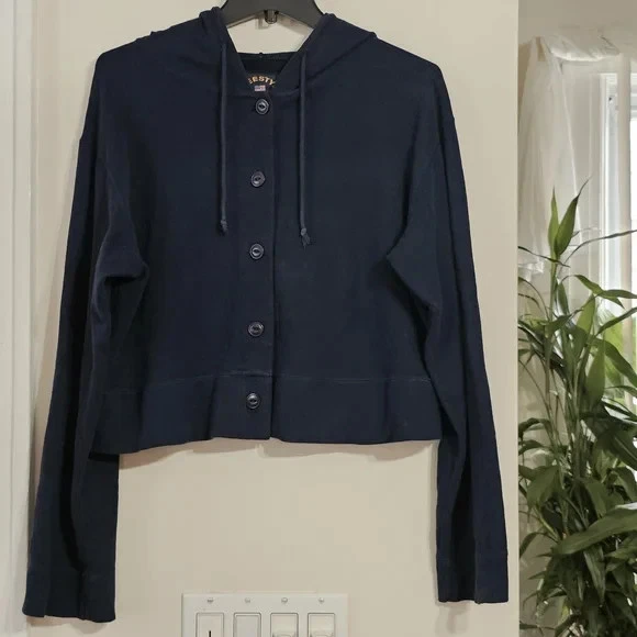 Freestyle USA The Limited Navy Blue Button-Up Women's Drawstring Hoodie Top