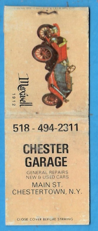 Matchbook Cover 1912 Maxwell Automobile, Chester Garage, Main St Chestertown, NY