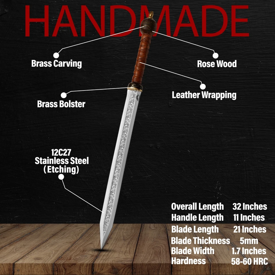 Espada Gladius Romana Hecha a Mano - Hoja de Acero Inoxidable 12C27 - Funda de Cuero Foto 2 de 4