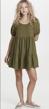 Madewell Tiered Puff Sleeve Dress M Cotton Jersey Army Green Tunic Summer