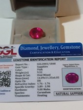 NATURAL EARTH MINED GGL CERTIFIED GEM TESTED HEATED OVAL PINK SAPPHIRE 9.52 CTS.