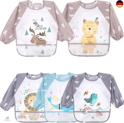 TIDEVAN Baby Lätzchen mit Lange Ärmeln mit Großer Tasche,5 Pack Wasserdicht Ki