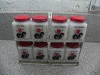 VINTAGE MCKEE TIPP CITY SPICE SET With ORIGINAL METAL RACK - Red Flowers!