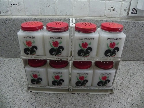 VINTAGE MCKEE TIPP CITY SPICE SET With ORIGINAL METAL RACK - Red Flowers!