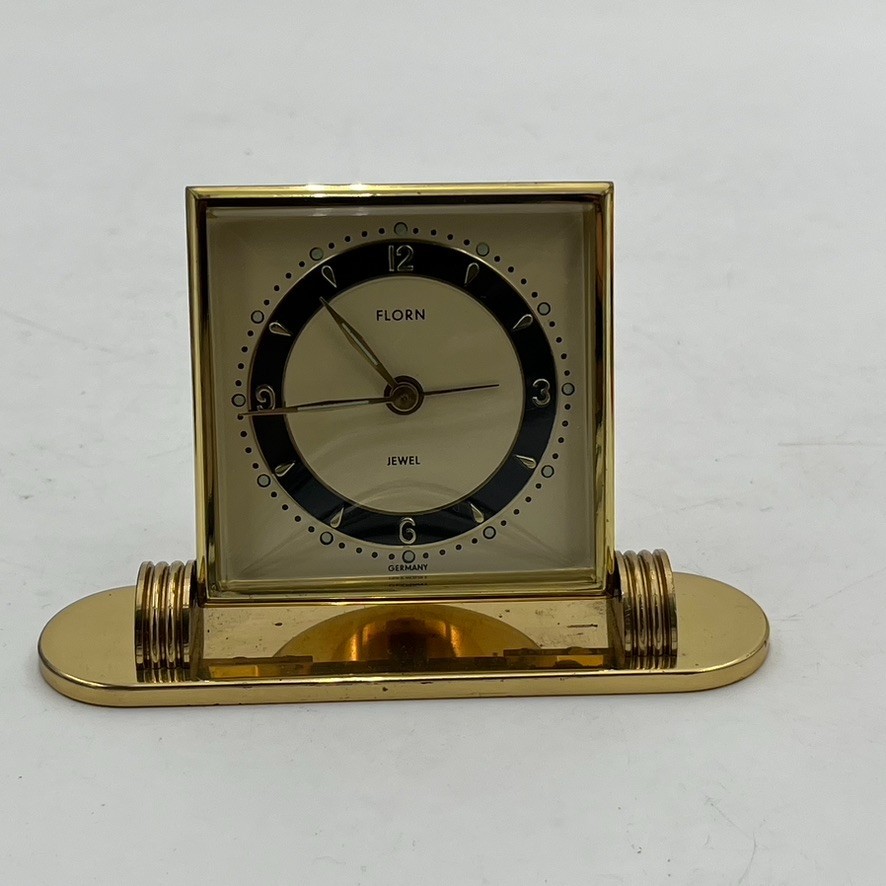 Vintage 1950s Florn Jewel Brass Footed Art Deco Regency Style 3" Travel Clock