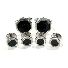 Black Enamel Filled Octagon Cufflinks And Dress Shirt Studs Set Men Gift