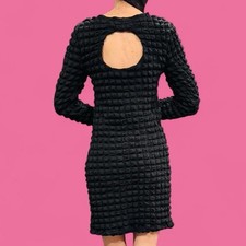 Black Textured Shift Dress Long Sleeve Bubble Knit Minimalist XS S Versona