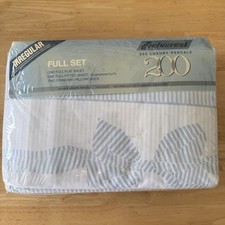 Vtg FIELDCREST 200 Luxury No Iron Percale 4 PC FULL SHEET SET White Blue Bow NOS