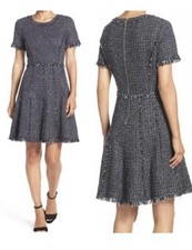 ELIZA J tweed fit flare fit frayed detail blue dress women Size 10