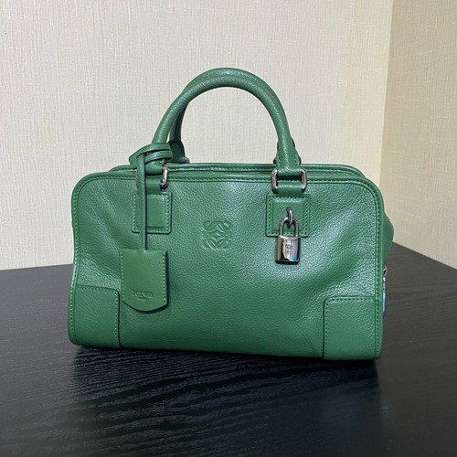 15% OFF LOEWE Amazona 28 Green Grained Calfskin Leather Top Boston Handbag
