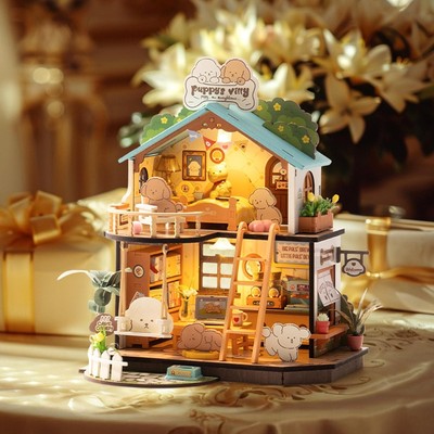 Rolife Miniatur Puppenhaus Bausatz Hundevilla mit LED DIY Spielhaus für Kinder