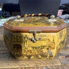 Vintage Wooden Octagon Decoupage Box Purse Colonial Pics Latch  Lucite Handle