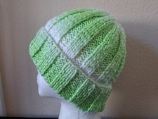 Hand knittedbulky and warm wool blend beanie/hat, light green/white