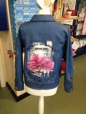Handmade Denim Jacket, Japanese Blossom Tree Vintage Inspired, Oak Tree Button