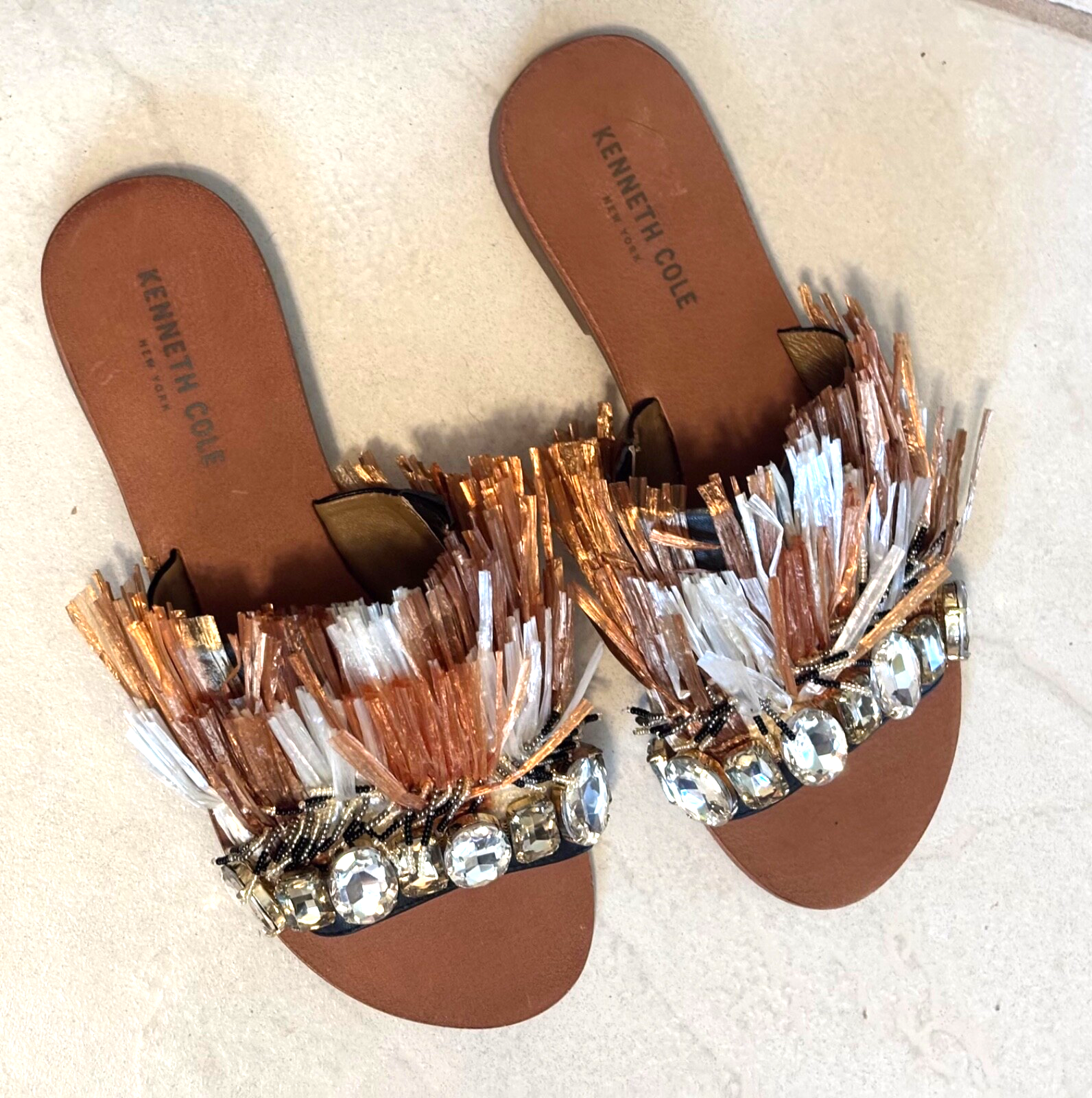 Kenneth Cole New York Women’s Flat Sandals Fringe with Rhinestones Size 8  Nat