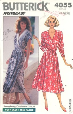 Butterick 4055 Wrap Dress w Flared Skirt, Self Tie & Contrast Collar Sz 12-16 UC