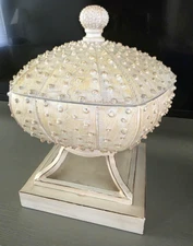 Nautical Coastal Decor On Pedestal with lid Felt Lined 11"tall