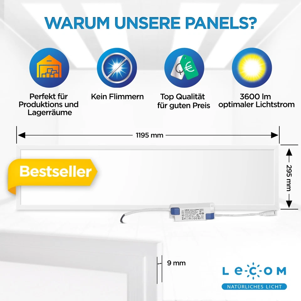 2x LECOM LED Panel 120x30 Deckenleuchte Flach 0,9cm Neutralweiß Kaltweis Rahmen - Bild 2 von 4