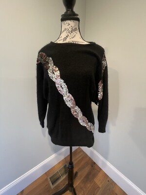 Le Chois Vintage Black Silk Blend Sweater w/Chain Sequin Front - Size Sm