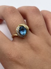 14k Solid Gold Blue Pear Shape Topaz And Diamond Ring
