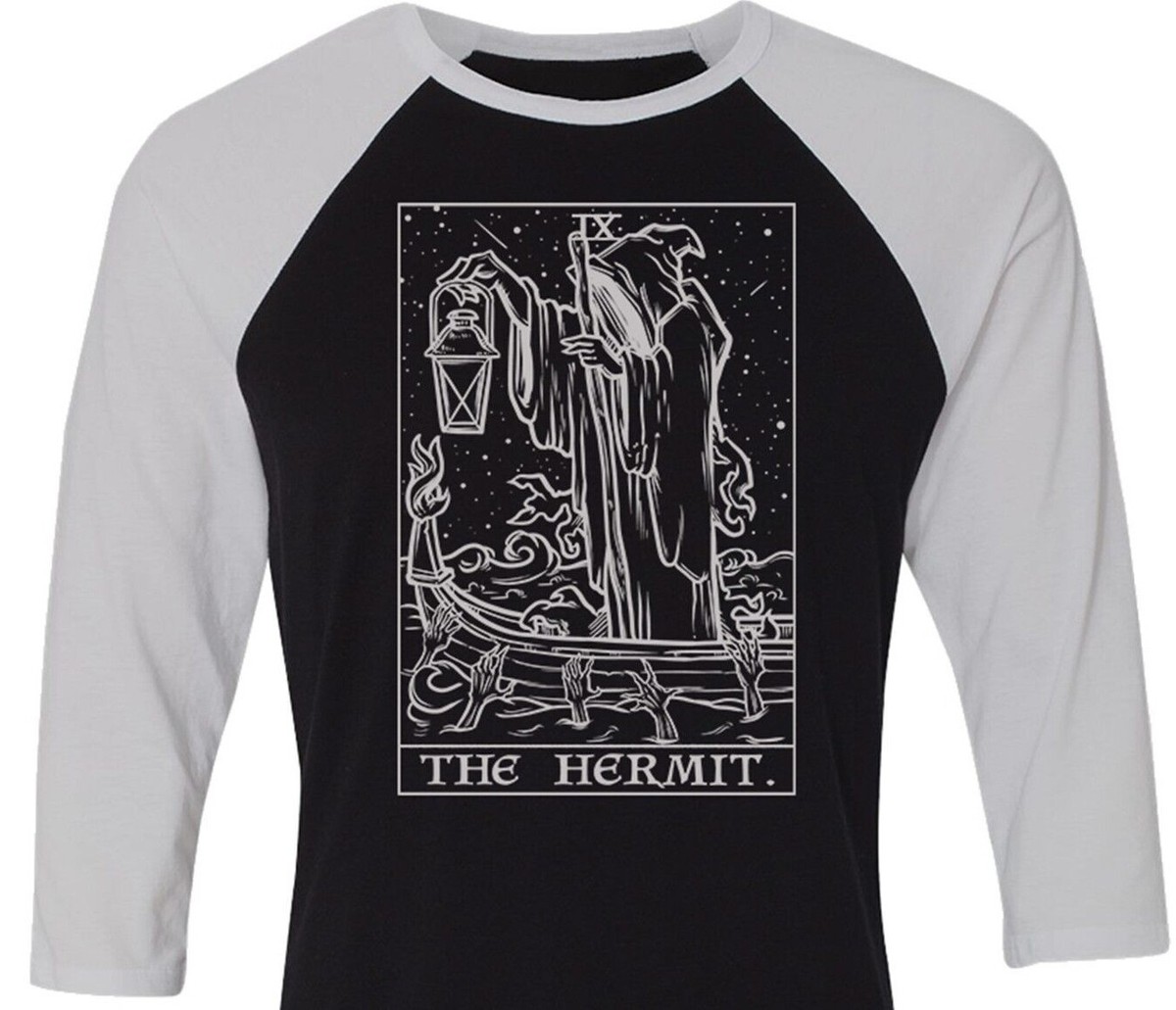 The Hermit Tarot Card Raglan Baseball Shirt Grim Reaper Gothic Halloween  Tee | eBay
