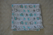 Luvable Friends Elephant Baby Swaddle Blanket Aqua Blue White Gray Muslin Cotton