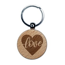 Love Script in Heart Engraved Wood Round Keychain Tag Charm